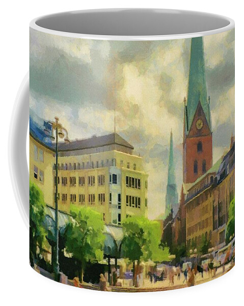 Europe Coffee Mug featuring the painting Hamburg Street Scene by Jeffrey Kolker