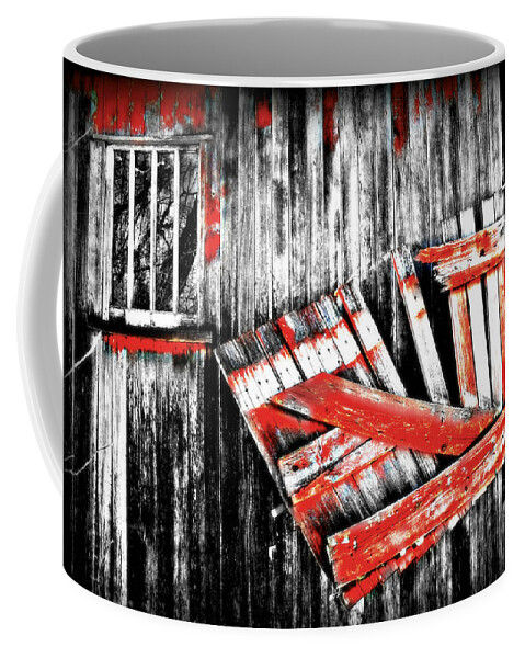 Barn Coffee Mug featuring the photograph Hanging by a few nails BW by Julie Hamilton