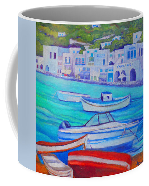 Sea Coffee Mug featuring the painting Harborfront Mykonos by Kandy Cross