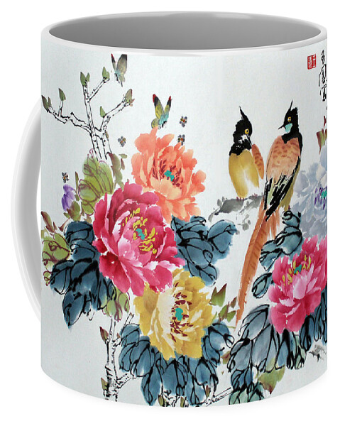 Red Peonies Coffee Mug featuring the painting Harmony and Lasting Spring by Yufeng Wang