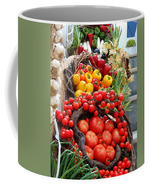 Tomatoes Peppers Onions Garlic Vegetables Fruits Harvest Red Yellow Greece Santorini Oia Farmers Market Coffee Mug featuring the photograph Harvest Bounty by Brenda Salamone
