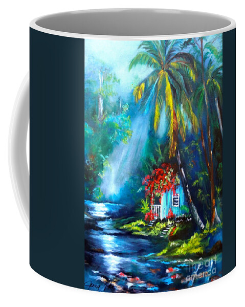 Hawaii Coffee Mug featuring the painting Hawaiian Hut in the Mist by Jenny Lee