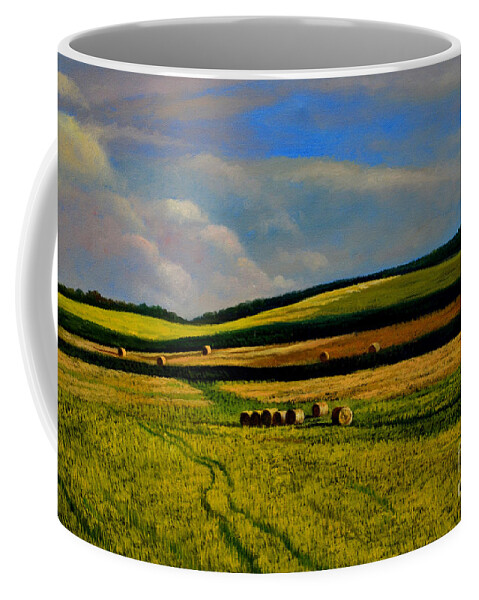 Hay Rolls Coffee Mug featuring the painting Hay Rolls on the Field Number Two by Christopher Shellhammer
