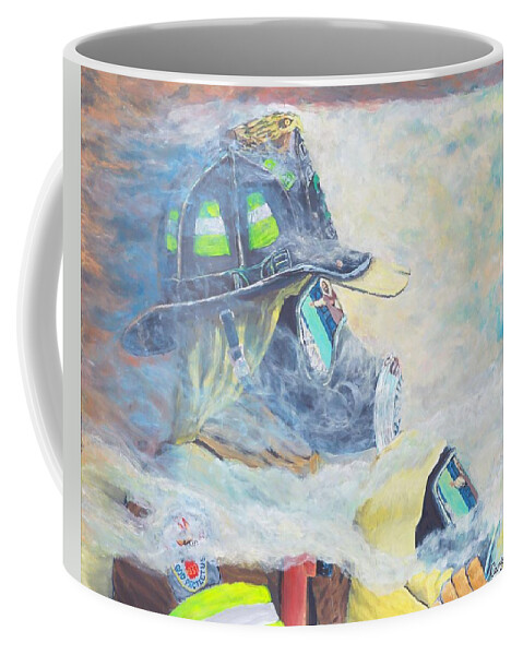 Fireman Coffee Mug featuring the painting He is at the door by Carey MacDonald