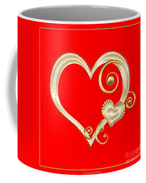 Golden Heart Coffee Mug featuring the digital art Hearts in Gold and Ivory on Red by Rose Santuci-Sofranko