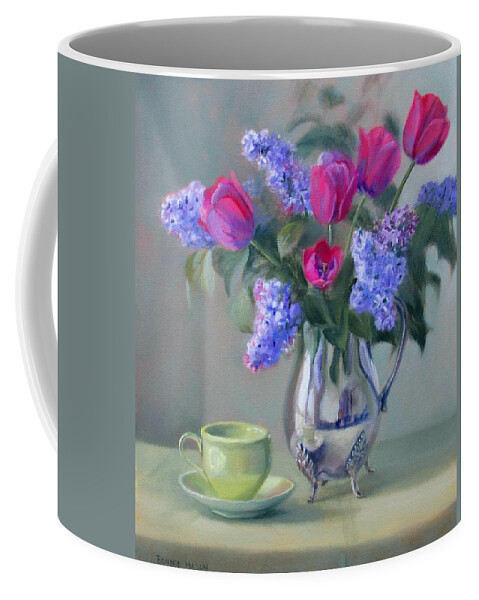 Old Silver Coffee Mug featuring the painting Heirlooms- Lilacs and Tulips in a Silver Pitcher by Bonnie Mason