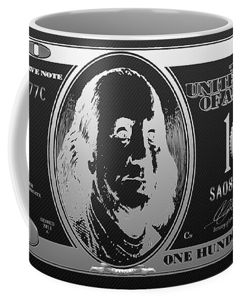 'visual Art Pop' Collection By Serge Averbukh Coffee Mug featuring the digital art Hello Benjamin - Silver One Hundred Dollar US Bill on Black by Serge Averbukh