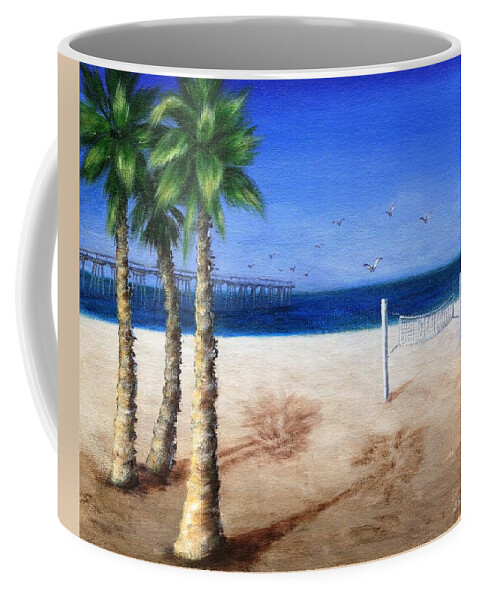 Palm Coffee Mug featuring the painting Hermosa Beach Pier by Jamie Frier