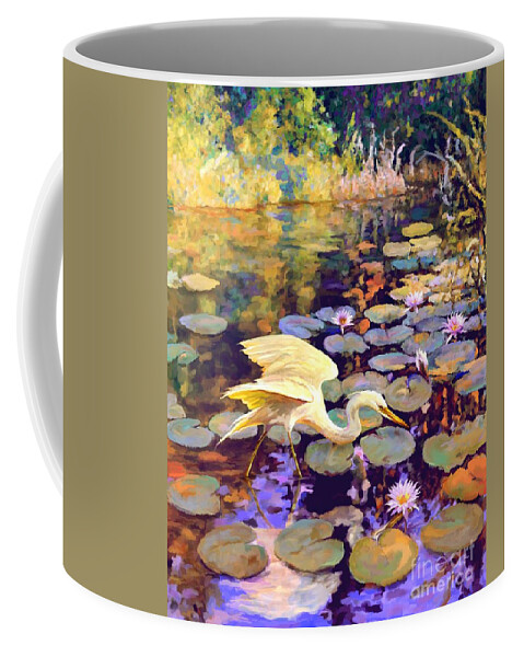 Water Bird Coffee Mug featuring the painting Heron in Lily Pond by David Van Hulst