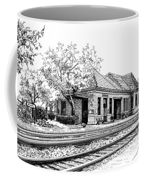 Train Coffee Mug featuring the drawing Hinsdale Train Station by Mary Palmer