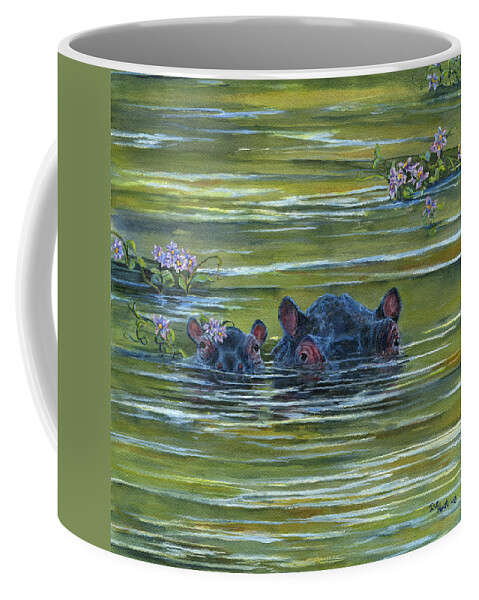 Hippo Coffee Mug featuring the painting Hippos and Hyacinths by June Hunt