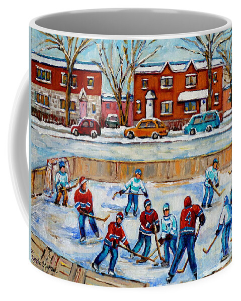 Hockey At Van Horne Montreal Coffee Mug featuring the painting Hockey Rink At Van Horne Montreal by Carole Spandau