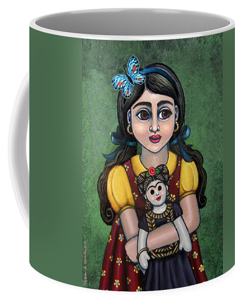 Frida Coffee Mug featuring the painting Holding Frida with Butterfly by Victoria De Almeida