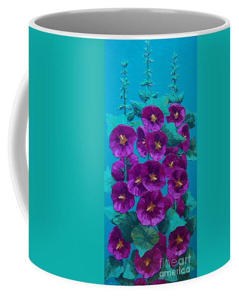 Flower Coffee Mug featuring the painting Hollyhocks by Cheryl Fecht