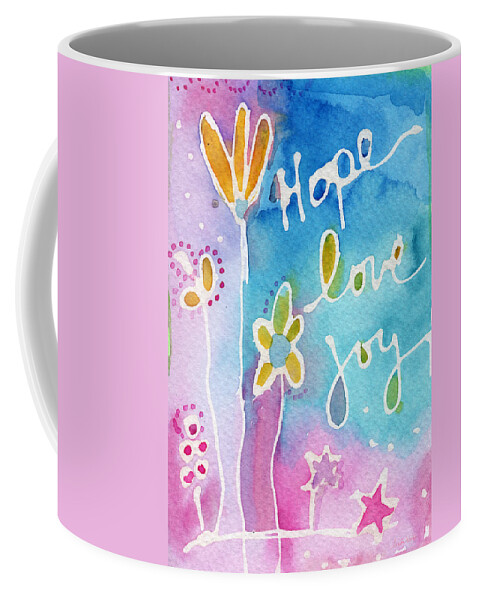 Hope Coffee Mug featuring the painting Hope Love Joy by Linda Woods