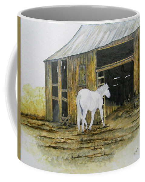 Horse Coffee Mug featuring the painting Horse and Barn by Bertie Edwards