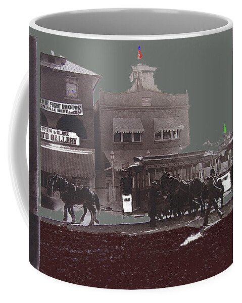 Horse Drawn Trolleys The Great White Hope Set Globe Arizona Color Added Horse Tethered American Flag Coffee Mug featuring the photograph Horse drawn trolleys The Great White Hope set Globe Arizona 1969-2013 by David Lee Guss
