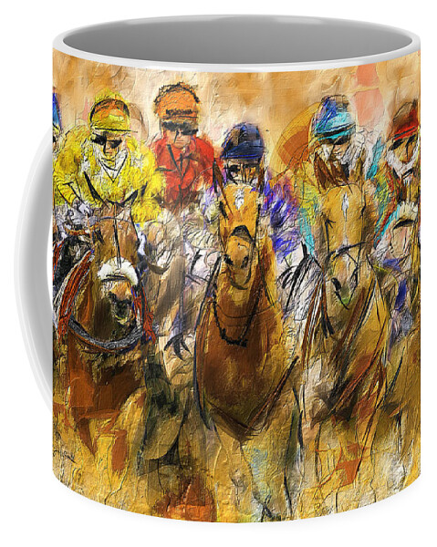 Horse Racing Coffee Mug featuring the painting Horse Racing Abstract by Lourry Legarde