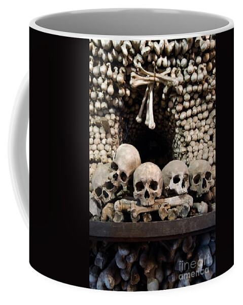 Skull Coffee Mug featuring the photograph Human skulls and wall made out of bones by Jaroslaw Blaminsky