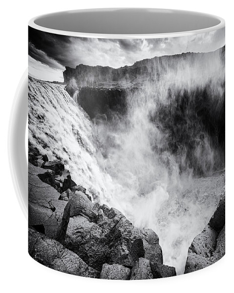 Dettifoss Coffee Mug featuring the photograph Iceland Dettifoss waterfall black and white by Matthias Hauser