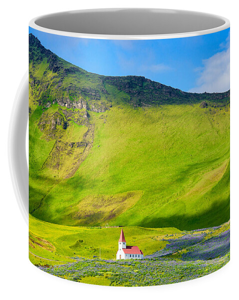 Vik Coffee Mug featuring the photograph Iceland mountain landscape with church in Vik by Matthias Hauser