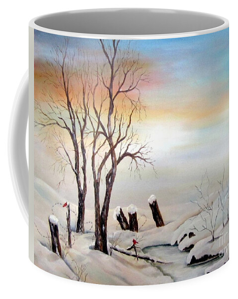 Snow Coffee Mug featuring the painting Icy Dawn by AMD Dickinson