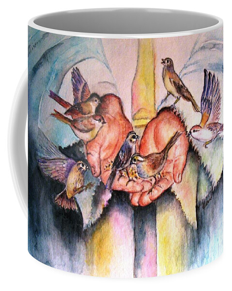 Birds Coffee Mug featuring the painting In His Hands by Hazel Holland