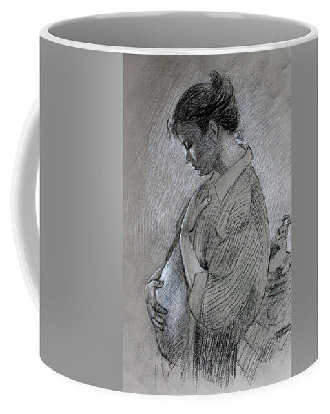 Pregnant Woman Coffee Mug featuring the drawing In the Family Way by Viola El