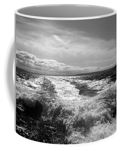 Puget Sound Coffee Mug featuring the photograph In The Wake In Black and White by Jeanette C Landstrom