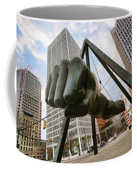 Joe Coffee Mug featuring the photograph In Your Face - Joe Louis Fist Statue - Detroit Michigan by Gordon Dean II