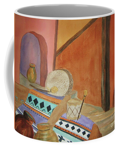 Still Life Coffee Mug featuring the painting Indian Blankets Jars and Drums by Ellen Levinson
