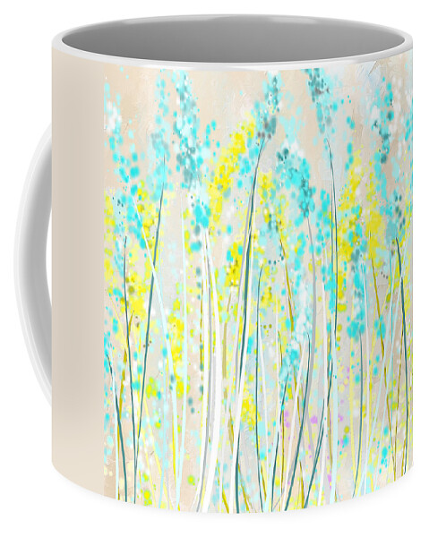 Yellow Coffee Mug featuring the painting Indoor Spring- Yellow And Teal Art by Lourry Legarde