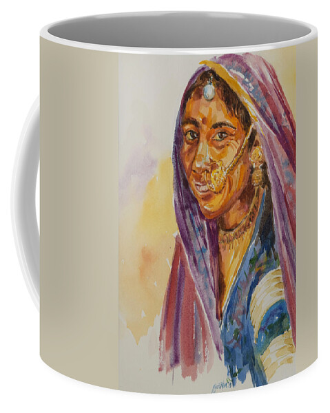Rajasthani Woman Coffee Mug featuring the painting Innocent smile by Jyotika Shroff