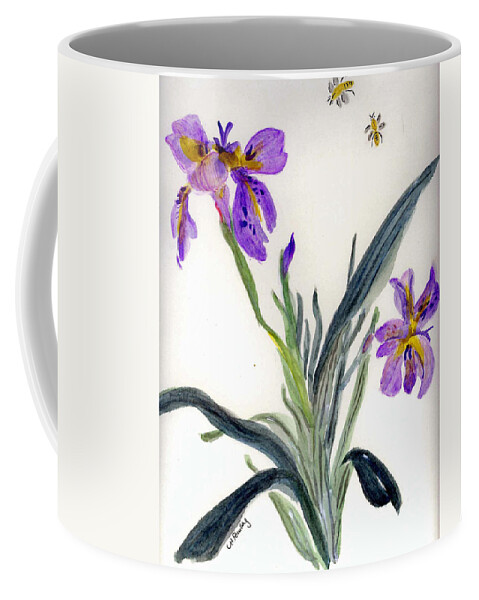 Flowers Coffee Mug featuring the painting Iris with two bees by Linda Feinberg