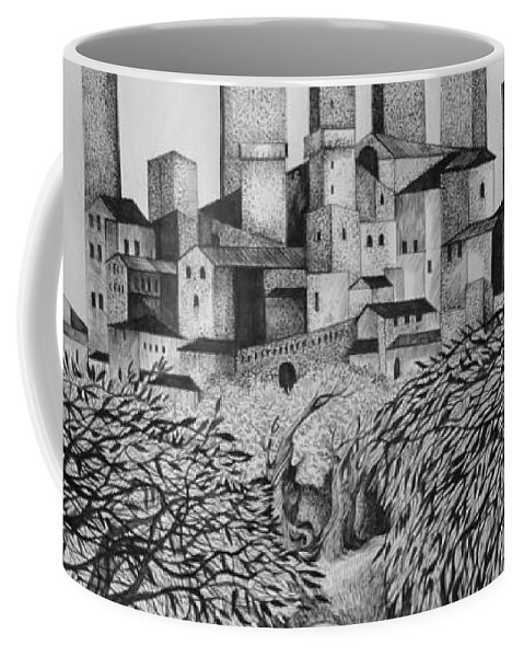 Pen And Ink Coffee Mug featuring the drawing Italian Fantasies. San Gimignano by Anna Duyunova