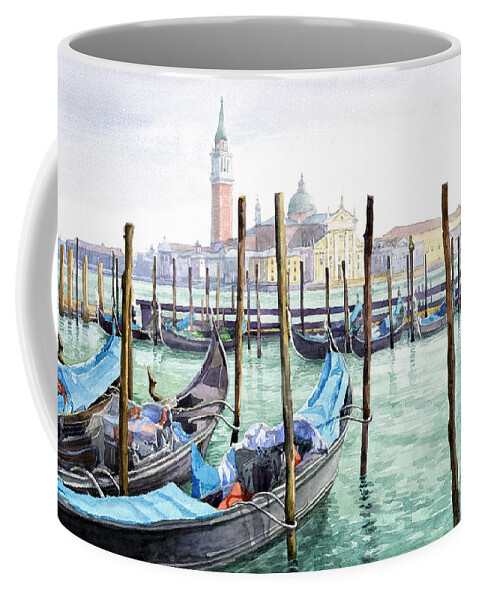 Watercolor Coffee Mug featuring the painting Italy Venice Gondolas Parked by Yuriy Shevchuk