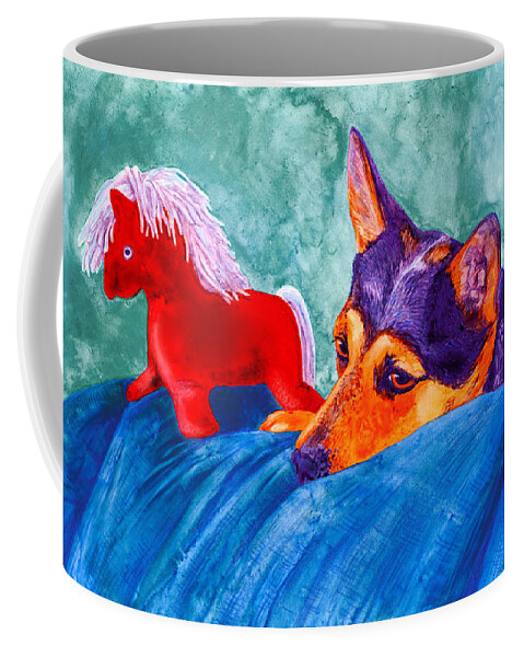 Dog Coffee Mug featuring the painting Jack and Red Horse by Ann Ranlett