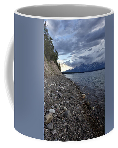 Lake Coffee Mug featuring the photograph Jackson Lake Shore with Grand Tetons by Belinda Greb