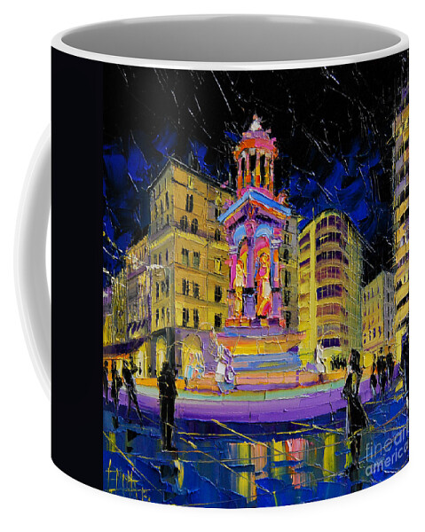 Jacobins Fountain During The Festival Of Lights Coffee Mug featuring the painting Jacobins Fountain During The Festival Of Lights In Lyon France by Mona Edulesco
