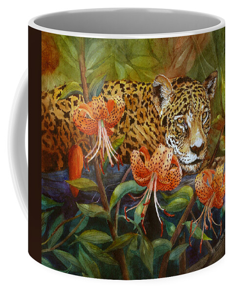 Jaguar Coffee Mug featuring the painting Jaguar and Tigers by Karen Mattson