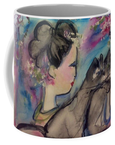 Felines Coffee Mug featuring the painting Japanese lady and felines by Judith Desrosiers