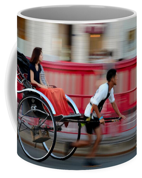 Rickshaw Coffee Mug featuring the photograph Japanese tourists ride rickshaw in Tokyo Japan by Imran Ahmed