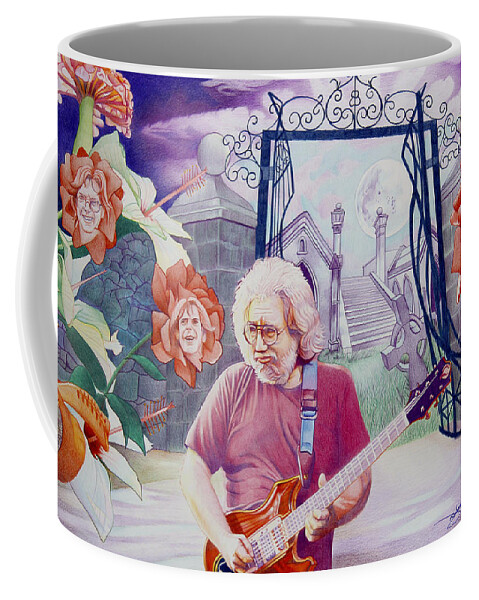 Jerry Garcia Coffee Mug featuring the drawing Jerry Garcia-American Beauty by Joshua Morton