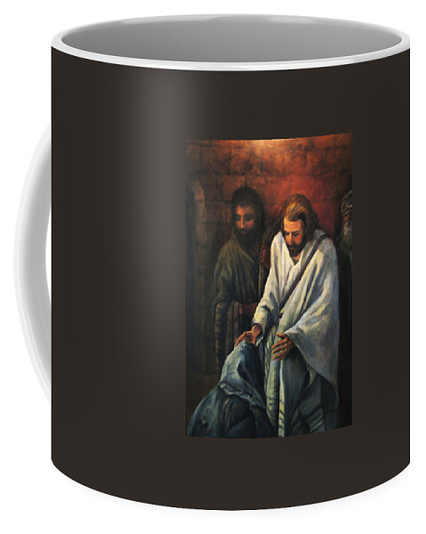 Religious Coffee Mug featuring the painting Jesus Healing Beggar by Donna Tucker