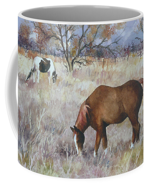Horse Painting Coffee Mug featuring the painting Jill's Horses on a November Day by Anne Gifford