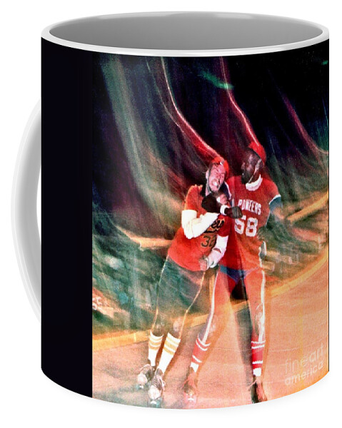 Old School Roller Derby Coffee Mug featuring the photograph Jim Fitzpatrick vs Charles Gipson Battling in Old School Roller Derby with the SF Bay Bombers by Jim Fitzpatrick