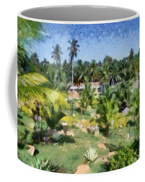 Landscape; Scenery; Scenic; Forest; Trees; India; Kerala; Asia; East; Eastern; Holidays; Vacation; Travel; Trip; Voyage; Journey; Tourism; Touristic; Paint; Painting; Paintings Coffee Mug featuring the painting Kerala landscape by George Atsametakis