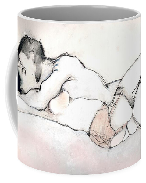 Kissing Coffee Mug featuring the mixed media Kissing - Nude Couple in Love by Carolyn Weltman