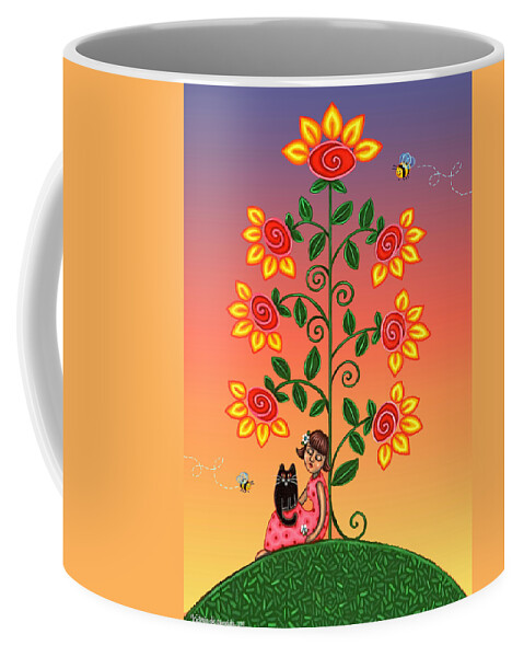 Folk Art Coffee Mug featuring the painting Kitty and Bumblebees by Victoria De Almeida