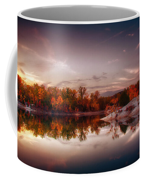 Reflection Coffee Mug featuring the photograph Klondike Foggy Morning Sunrise by Bill and Linda Tiepelman